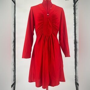 Vintage 1970s Cherry Red Gathered Long Sleeve Retro Mini Dress
